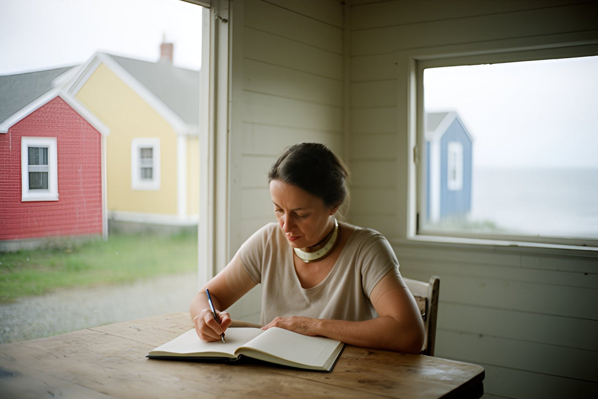 Une femme portant un collier cervical souple écrit dans un carnet à sa table de cuisine, les maisons colorées d'un village côtier visibles par la fenêtre.