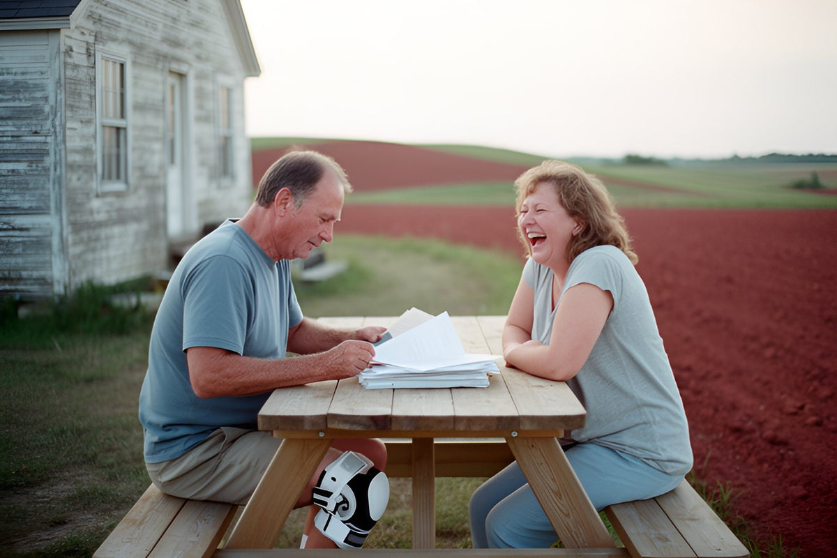 A man wearing a knee brace goes through papers at a picnic table while his wife laughs beside him, red soil fields behind them.