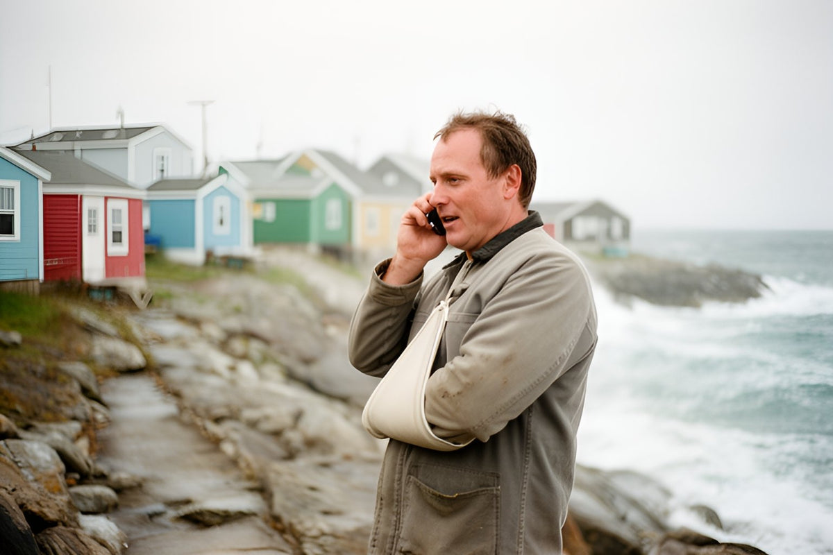 A man with his arm in a sling talks on his phone on a rocky coastal path, colourful houses and a rough sea behind him.