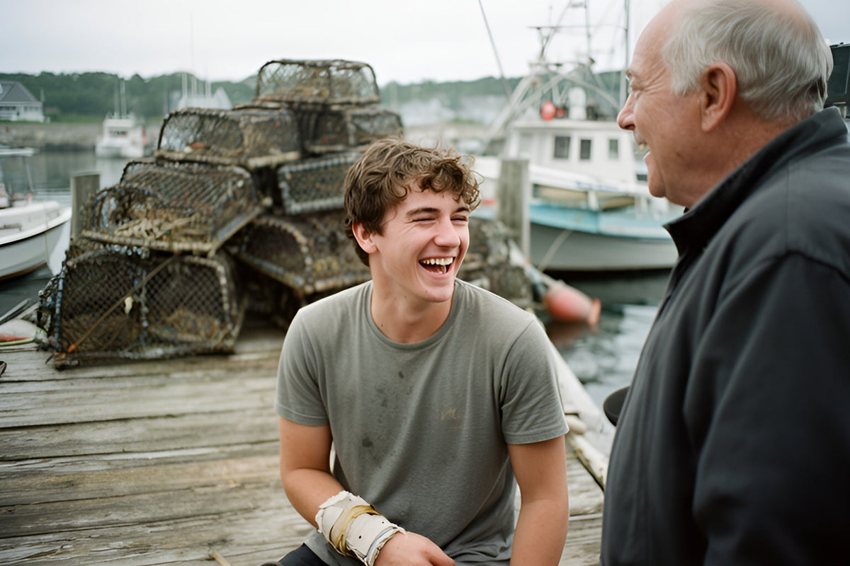 A young fisherman with a wrapped wrist laughs with an older fisherman on a wharf, lobster traps and boats behind them.