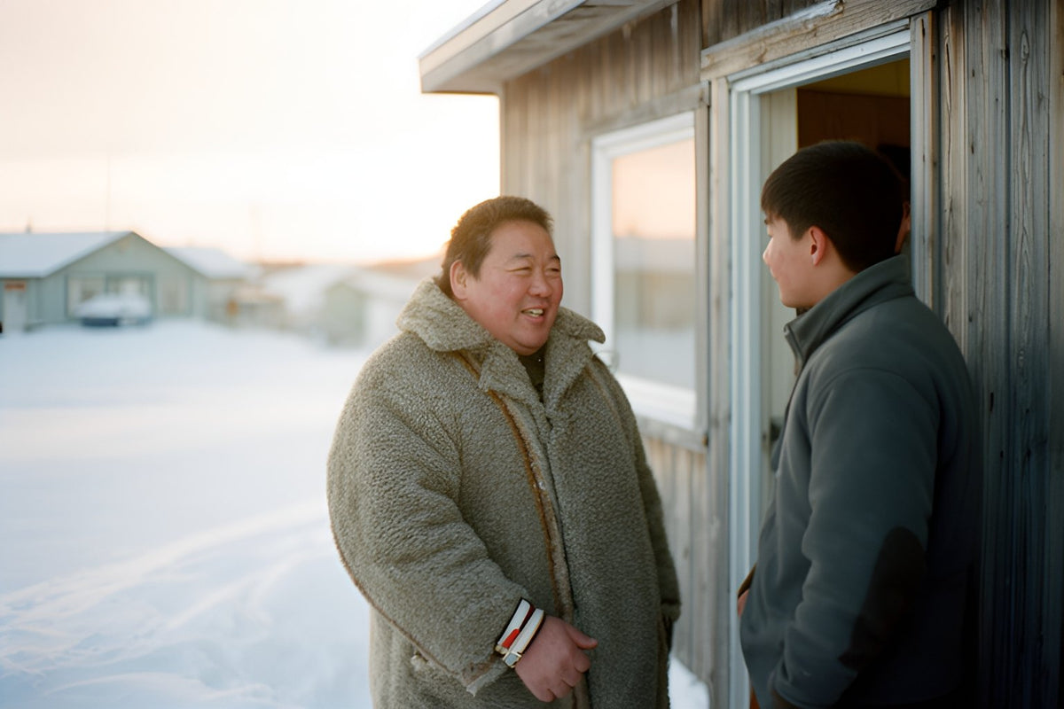 A man in a warm winter coat smiles as he talks with a younger coworker outside a wooden building in a snowy northern town.