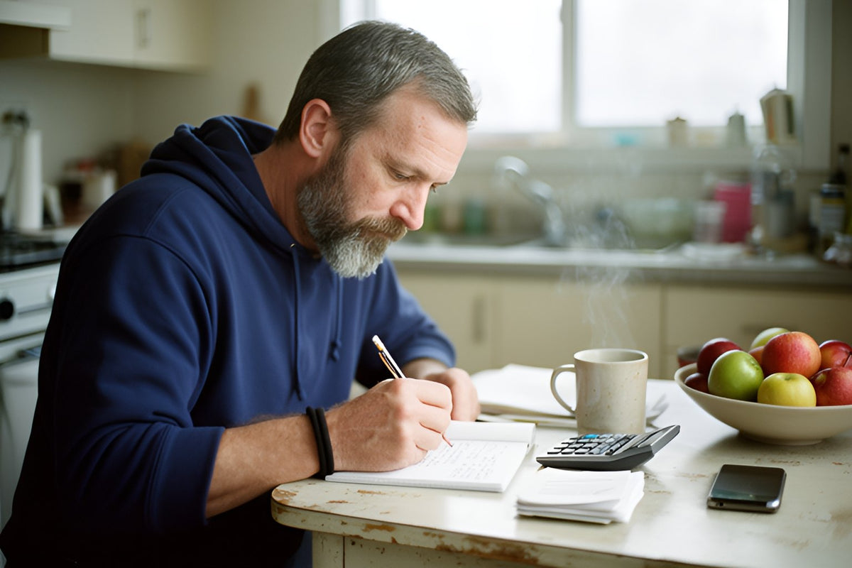 A man in a navy hoodie works out figures with a pencil and notepad beside a calculator and a mug of tea at his kitchen table.