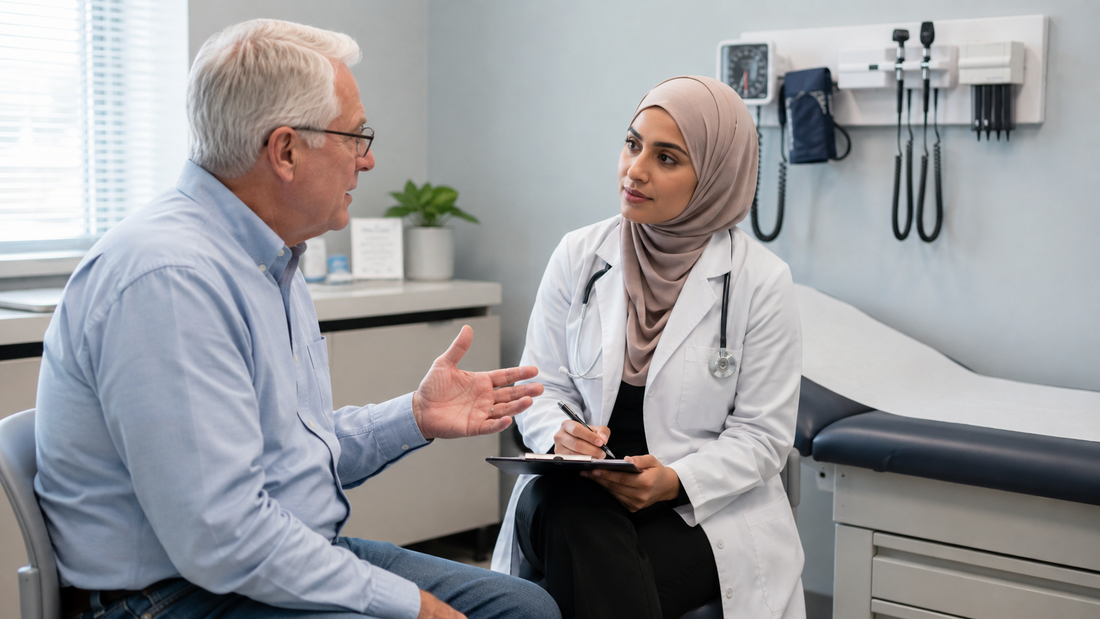 A man seated in an examination room explains something with his hands while a doctor listens and holds a clipboard