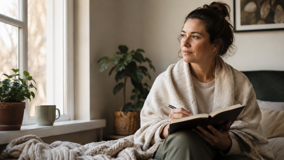 A woman wrapped in a blanket sits by a window writing in a notebook with a mug on the sill beside her