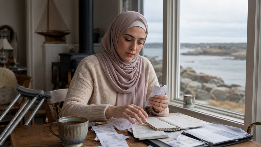A woman in a headscarf sorts receipts at a table by a window with crutches resting against the wall behind her