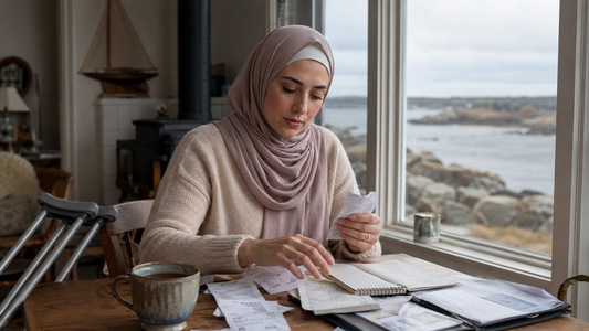 A woman in a headscarf sorts receipts at a table by a window with crutches resting against the wall behind her