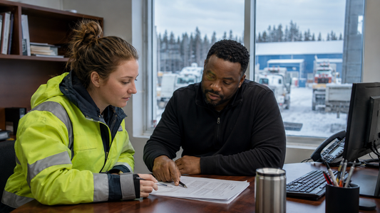 A woman in a high visibility jacket signs a form at a desk with a colleague while a snowy work yard sits outside the window