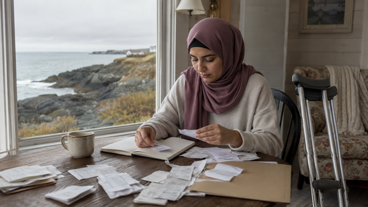 A woman in a headscarf sorts receipts at a table by a window looking out on a rocky coastline with crutches beside her