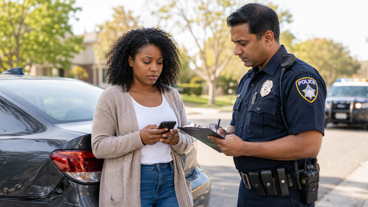 A woman stands beside her damaged car on a suburban street while a police officer records details on a clipboard and a cruiser waits behind them