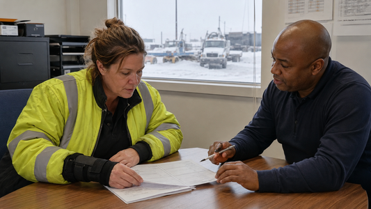 A woman in a high visibility jacket reviews a form with a colleague in an office overlooking a snowy industrial yard