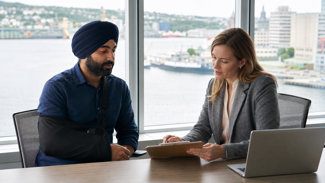 A man with his arm in a sling sits with an adviser at a desk reviewing documents with a harbour behind them