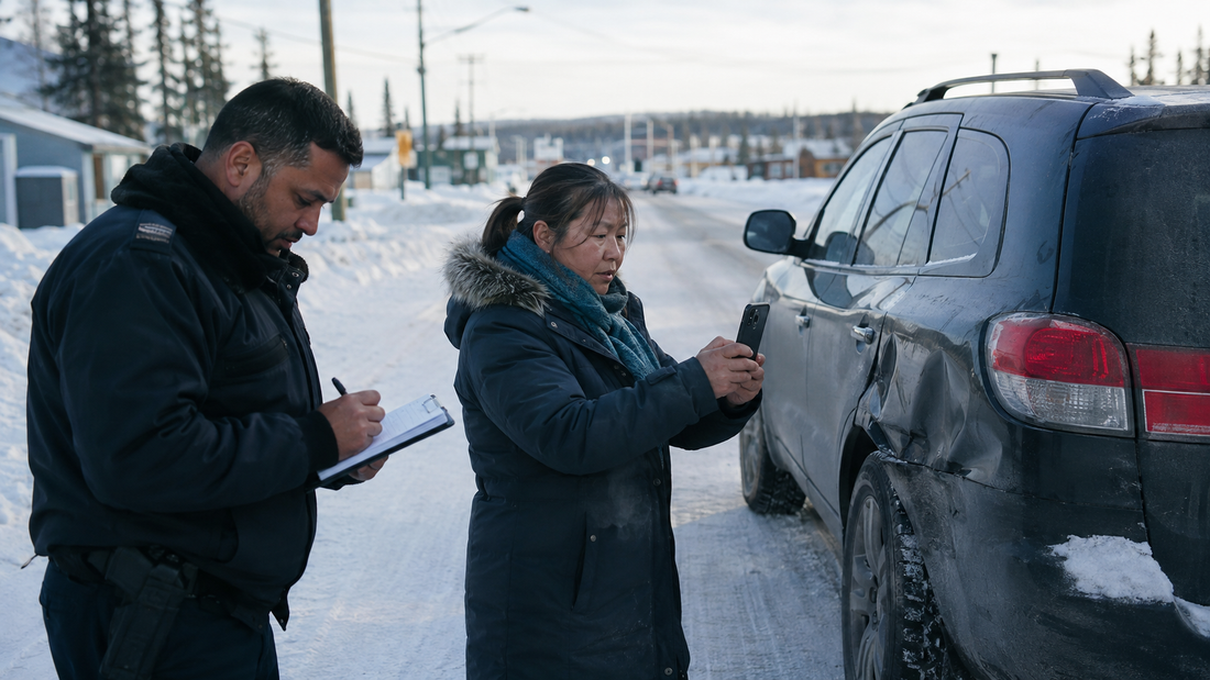 A woman photographs the rear of her car on a snow covered road while a police officer writes notes beside her
