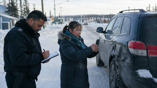 A woman photographs the rear of her car on a snow covered road while a police officer writes notes beside her