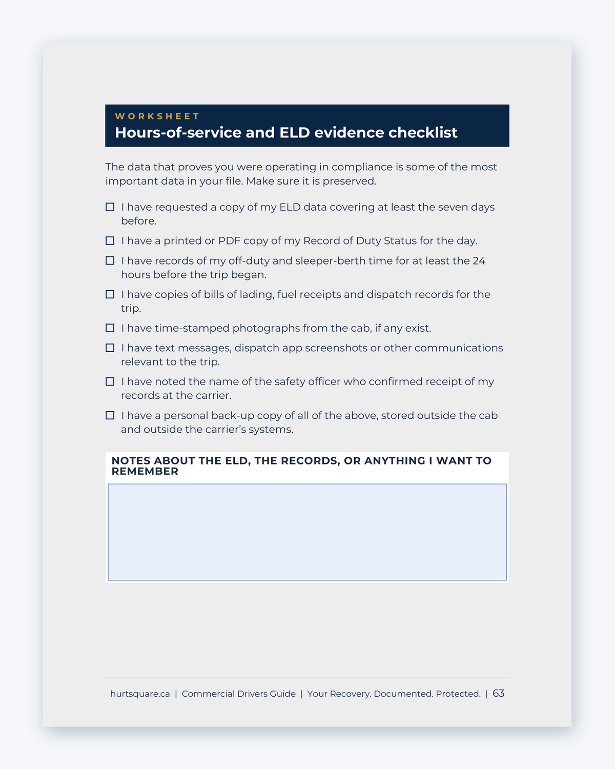 Inside the National Commercial Truckers Guide by Hurt Square: the Hours-of-Service and ELD Evidence Checklist.