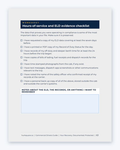 Inside the National Commercial Truckers Guide by Hurt Square: the Hours-of-Service and ELD Evidence Checklist.