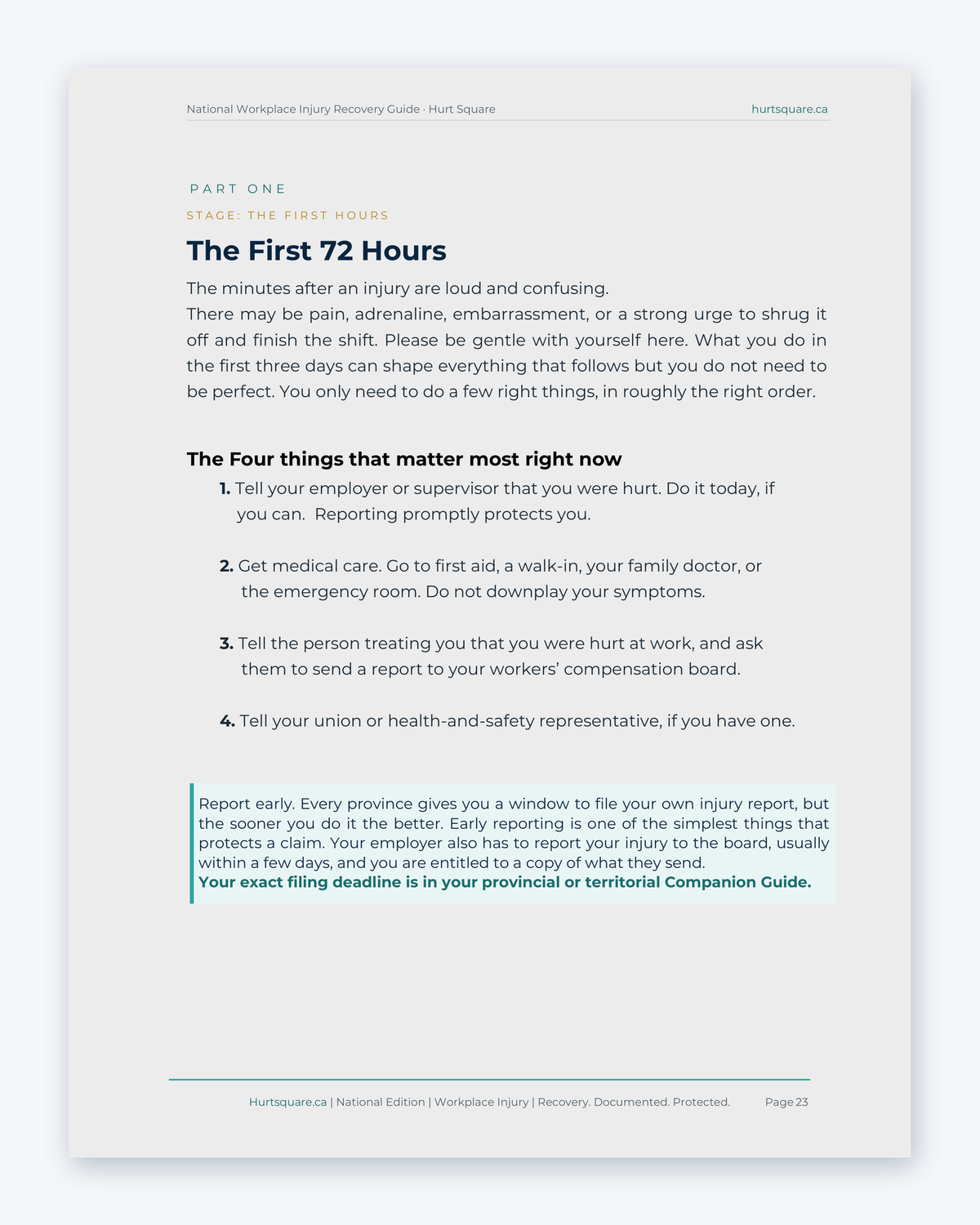 Inside the National Workplace Injury Recovery Guide by Hurt Square: The First 72 Hours, the four things that matter most right now.