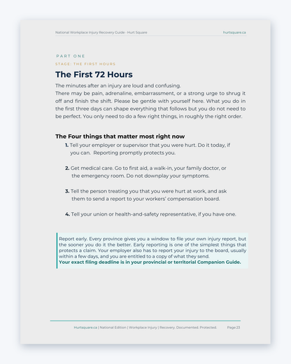 Inside the National Workplace Injury Recovery Guide by Hurt Square: The First 72 Hours, the four things that matter most right now.
