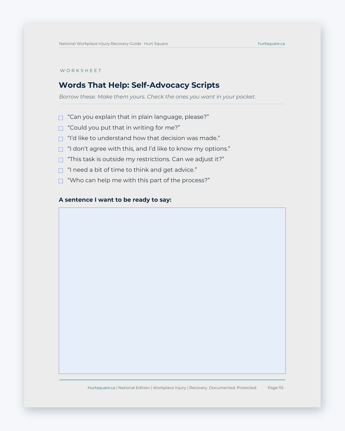 Inside the National Workplace Injury Recovery Guide by Hurt Square: Words That Help, self-advocacy scripts for calls and meetings.