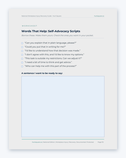 Inside the National Workplace Injury Recovery Guide by Hurt Square: Words That Help, self-advocacy scripts for calls and meetings.