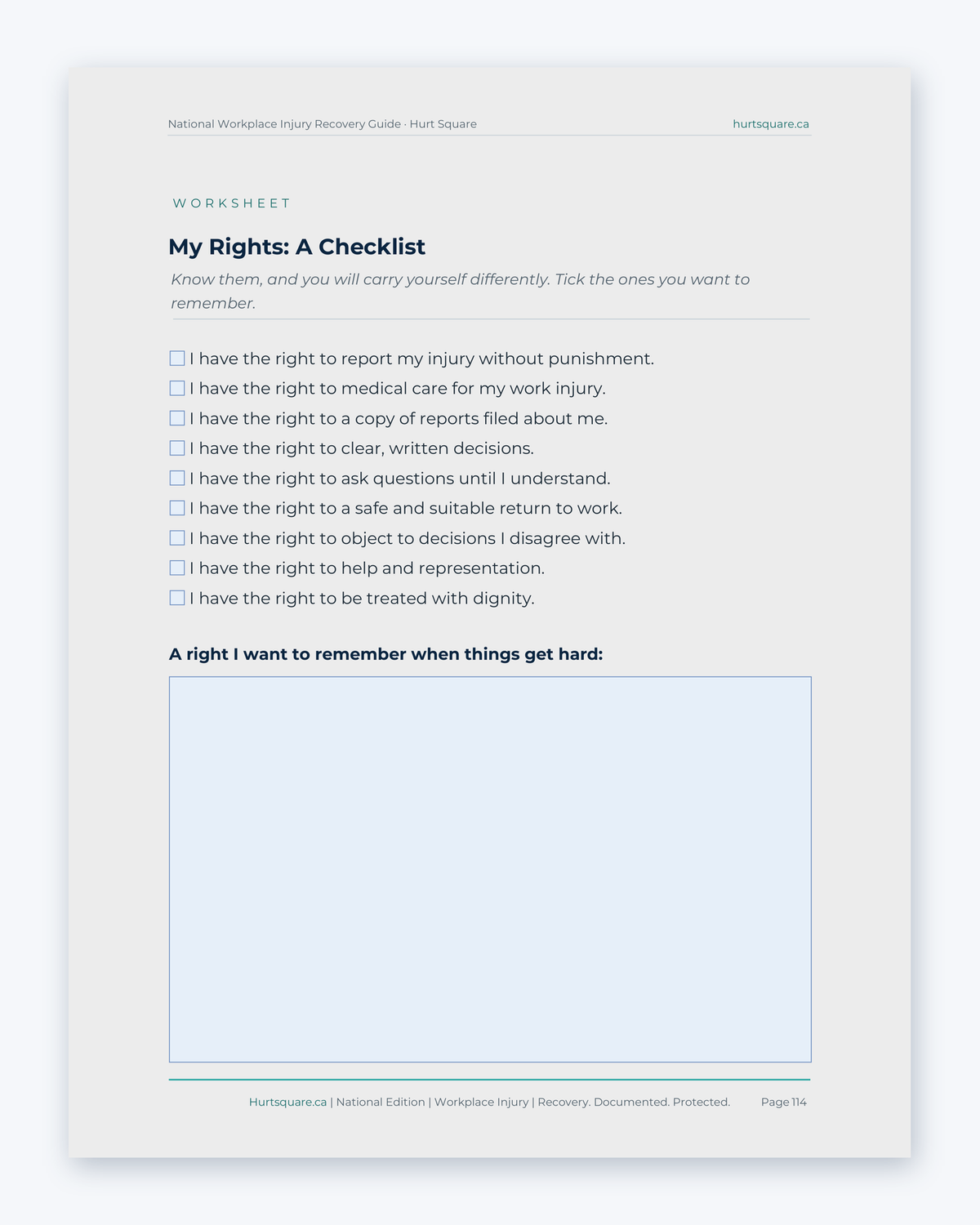 Inside the National Workplace Injury Recovery Guide by Hurt Square: My Rights, a checklist of your rights as an injured worker.