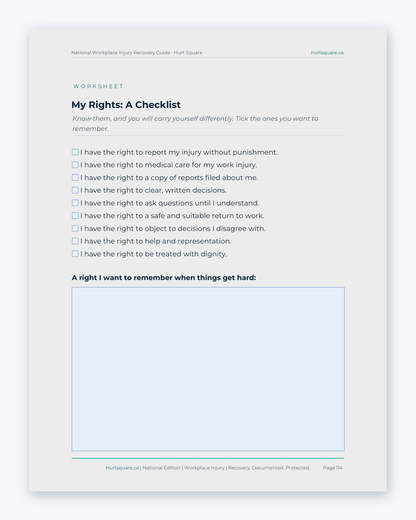 Inside the National Workplace Injury Recovery Guide by Hurt Square: My Rights, a checklist of your rights as an injured worker.