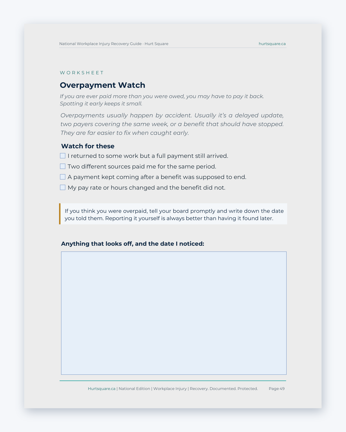 Inside the National Workplace Injury Recovery Guide by Hurt Square: Overpayment Watch, how to spot a payment error before it costs you.