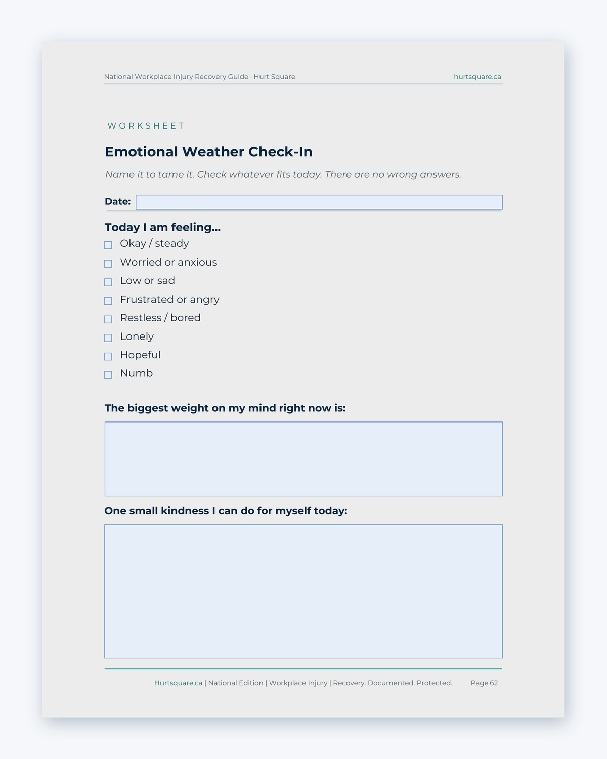 Inside the National Workplace Injury Recovery Guide by Hurt Square: the Emotional Weather Check-In, a gentle daily note on how you are feeling.