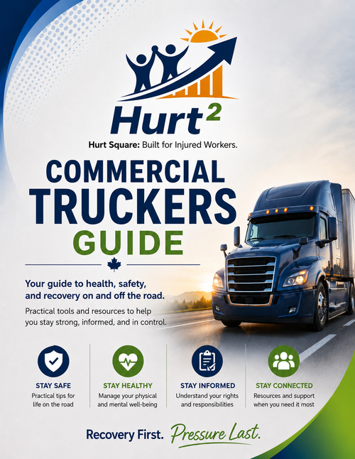 Cover of the National Commercial Truckers Guide by Hurt Square, a fillable recovery guide for Canadian truck drivers hurt in a crash.