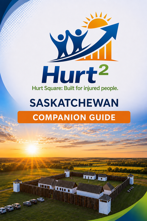 Cover of the Saskatchewan MVA Companion Guide by Hurt Square, a fillable car accident claim and recovery guide for Saskatchewan.