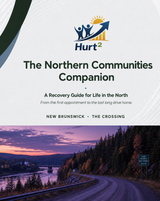 Cover of the New Brunswick Northern Companion Guide by Hurt Square, The Crossing edition, a fillable medical travel log for northern New Brunswick workplace injury claims.