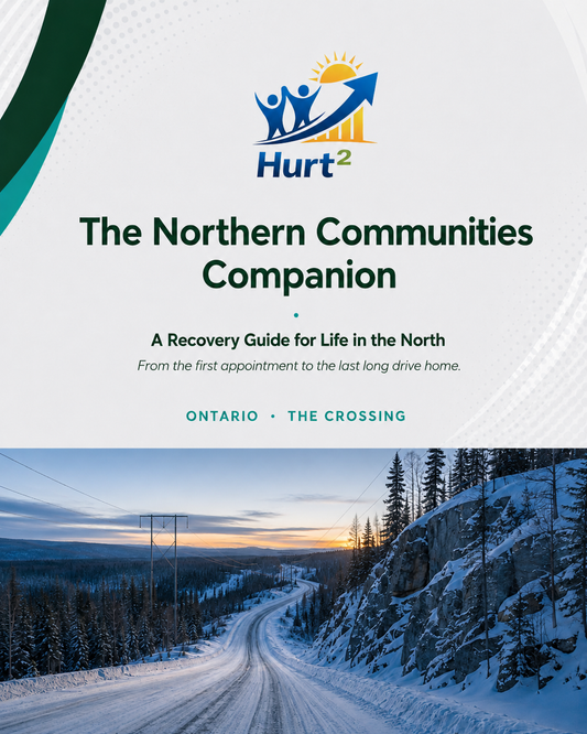 Cover of the Ontario Northern Companion Guide by Hurt Square, The Crossing edition, a fillable medical travel log for northern Ontario workplace injury claims.