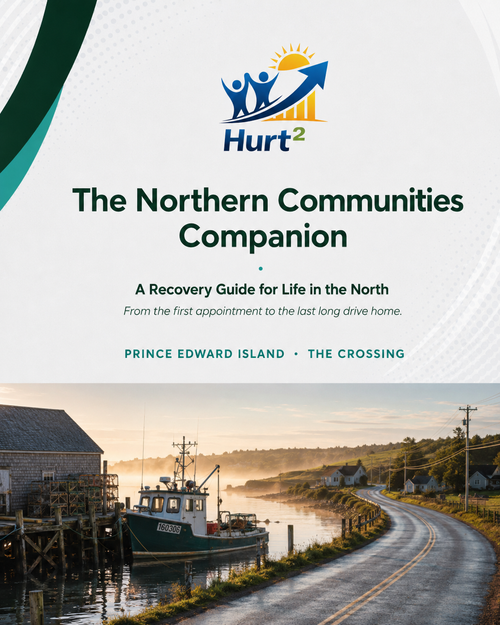 Cover of the Prince Edward Island Northern Companion Guide by Hurt Square, The Crossing edition, a fillable medical travel log for rural Island workplace injury claims.