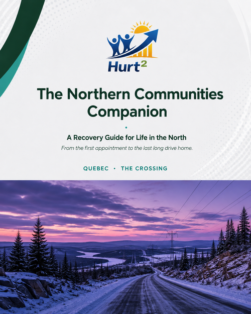 Cover of the Quebec Northern Companion Guide by Hurt Square, The Crossing edition, a fillable medical travel log for northern Quebec workplace injury claims.