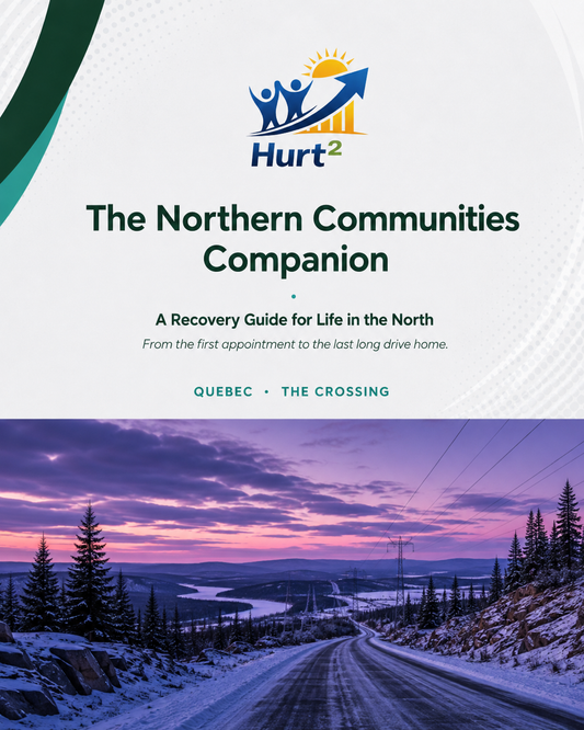 Cover of the Quebec Northern Companion Guide by Hurt Square, The Crossing edition, a fillable medical travel log for northern Quebec workplace injury claims.