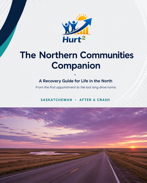 Cover of the Saskatchewan Northern Companion Guide by Hurt Square, After a Crash edition, a fillable medical travel log for northern Saskatchewan car accident claims.
