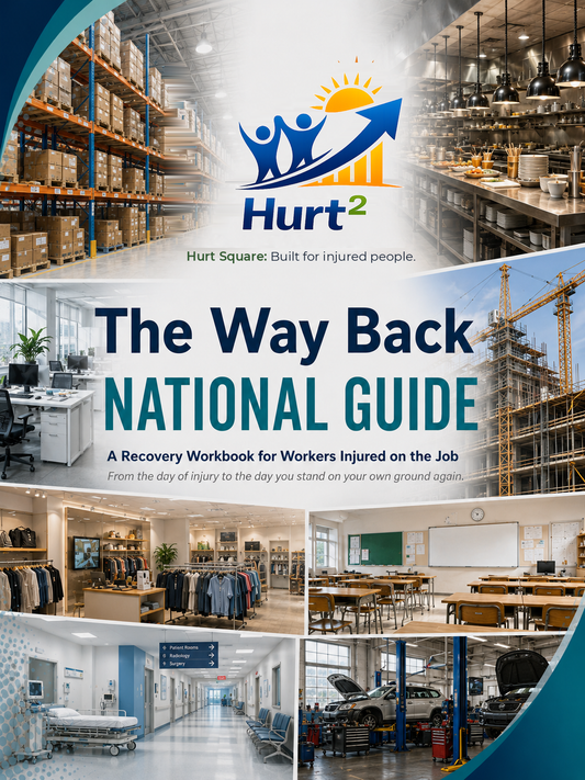 Cover of the National Workplace Injury Recovery Guide by Hurt Square, a fillable Canadian workplace injury claim and recovery guide for use in any province.