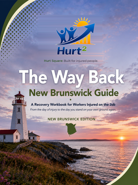 Cover of the New Brunswick Workplace Injury Companion Guide by Hurt Square, a fillable WorkSafeNB claim and recovery guide for New Brunswick workers.