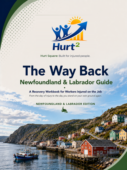 Cover of the Newfoundland and Labrador Workplace Injury Companion Guide by Hurt Square, a fillable WorkplaceNL claim and recovery guide.