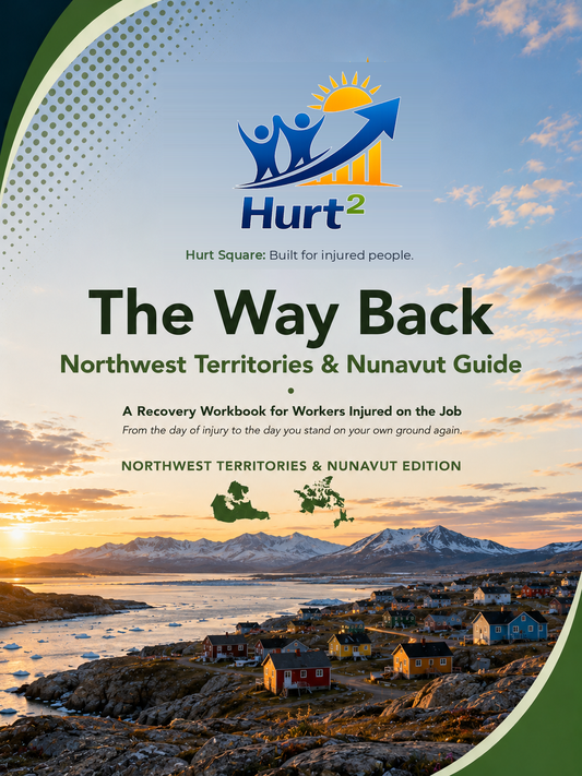 Cover of the Workplace Injury Companion Guide by Hurt Square, a fillable WSCC claim and recovery guide for workers in the Northwest Territories and Nunavut.