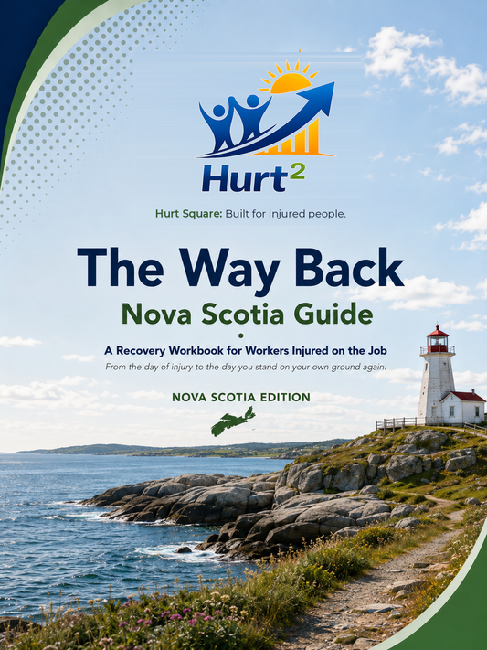 Cover of the Nova Scotia Workplace Injury Companion Guide by Hurt Square, a fillable WCB claim and recovery guide for Nova Scotia workers.