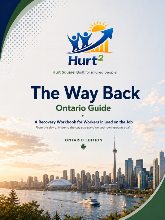 Cover of the Ontario Workplace Injury Companion Guide by Hurt Square, a fillable WSIB claim and recovery guide for Ontario workers.
