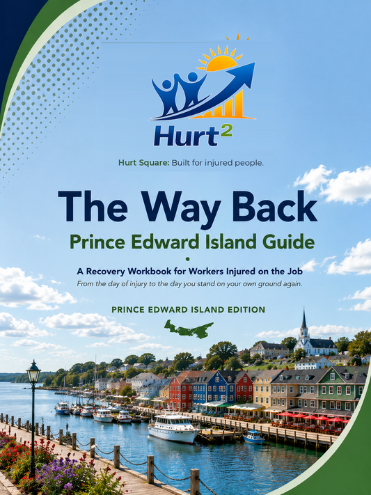 Cover of the Prince Edward Island Workplace Injury Companion Guide by Hurt Square, a fillable WCB claim and recovery guide for Island workers.