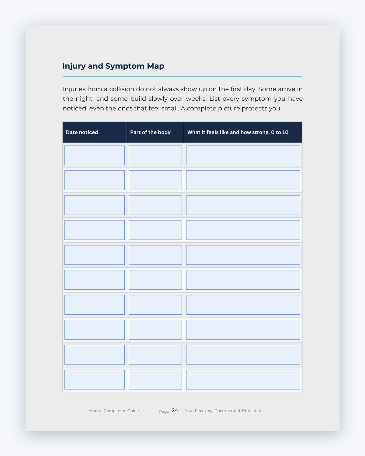 Inside the Alberta MVA Companion Guide by Hurt Square: Injury and Symptom Map, a fillable page for keeping your own record.