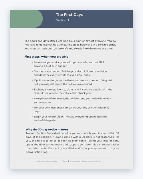Inside the Alberta MVA Companion Guide by Hurt Square: The First Days, the dates and deadlines to keep track of.