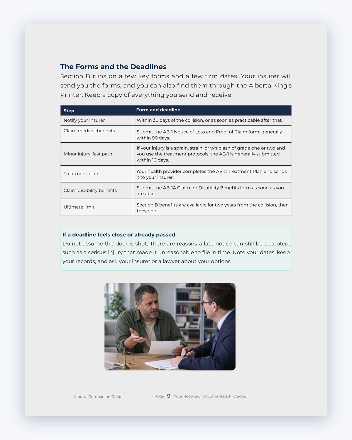 Inside the Alberta MVA Companion Guide by Hurt Square: The Forms and the Deadlines, the forms to file and when each one is due.