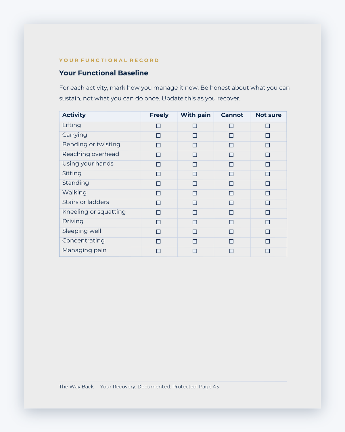 Inside the Alberta Workplace Injury Companion Guide by Hurt Square: Your Functional Baseline, a fillable page for keeping your own record.