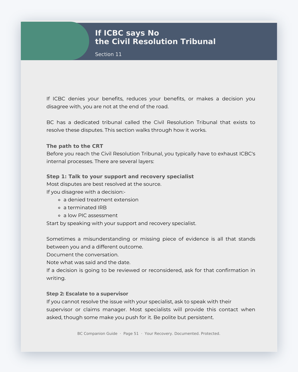 Inside the British Columbia MVA Companion Guide by Hurt Square: If ICBC Says No, the Civil Resolution Tribunal, how to ask for a review when you disagree with a decision.