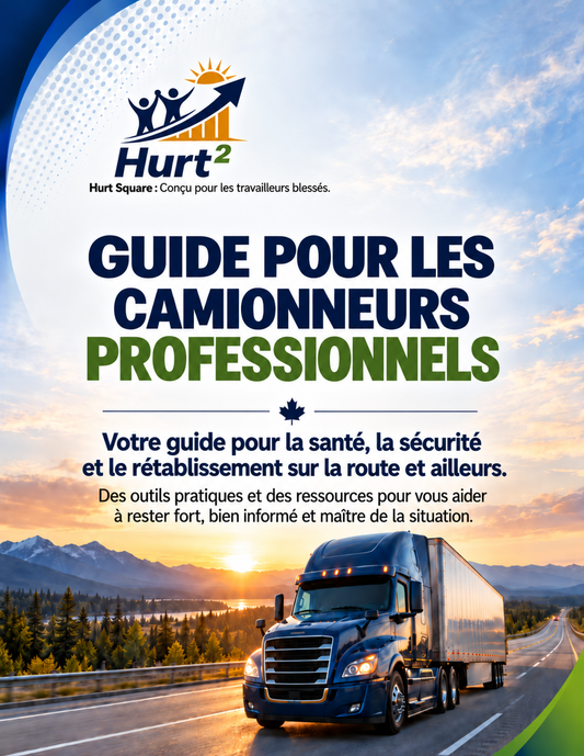 Couverture du Guide pour les camionneurs professionnels de Hurt Square, l’édition française du Guide national de rétablissement après un accident au volant d’un véhicule lourd.