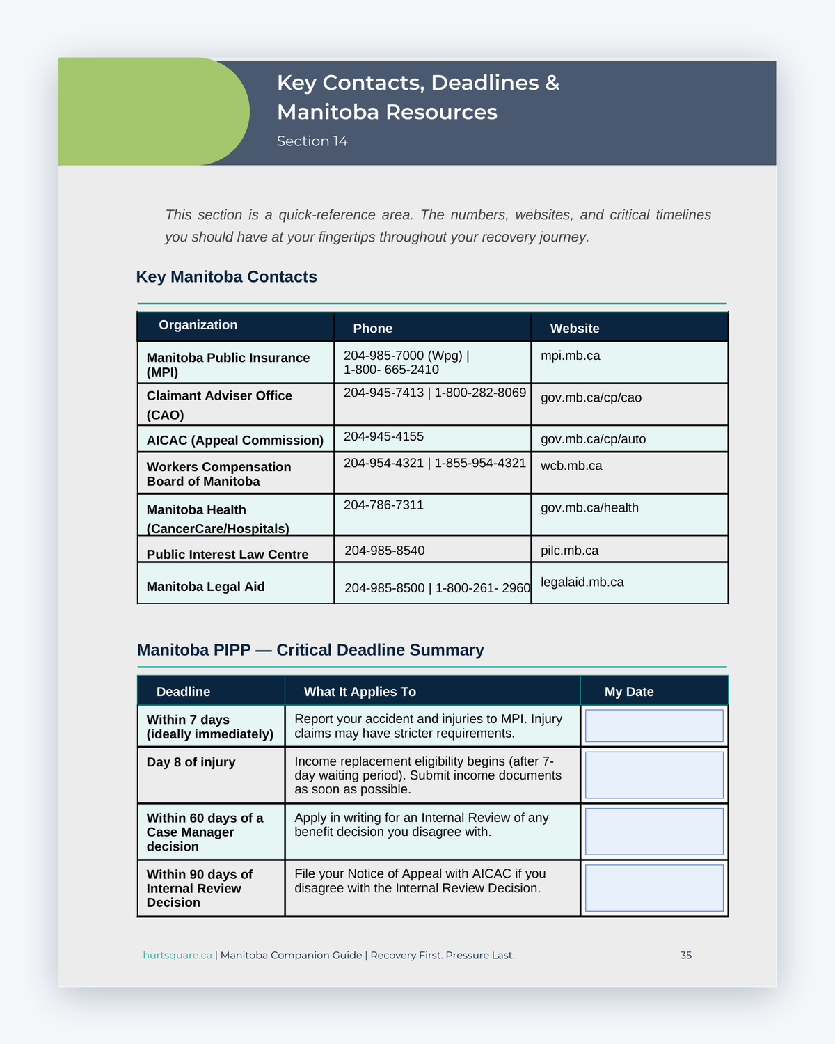 Inside the Manitoba MVA Companion Guide by Hurt Square: Key Contacts, Deadlines and Manitoba Resources, the dates and deadlines to keep track of.