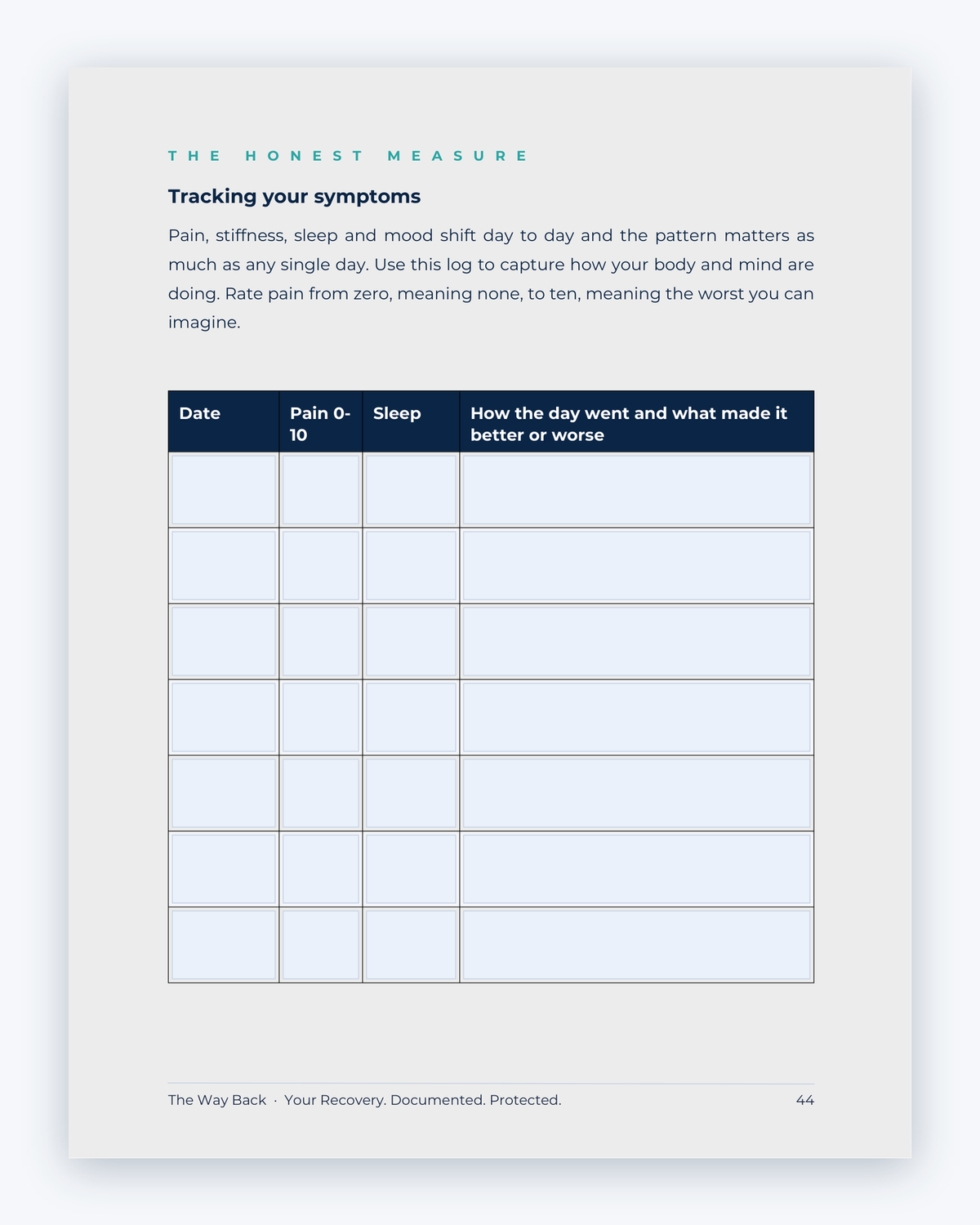 Inside the Manitoba Workplace Injury Companion Guide by Hurt Square: Tracking Your Symptoms, a fillable page for keeping your own record.